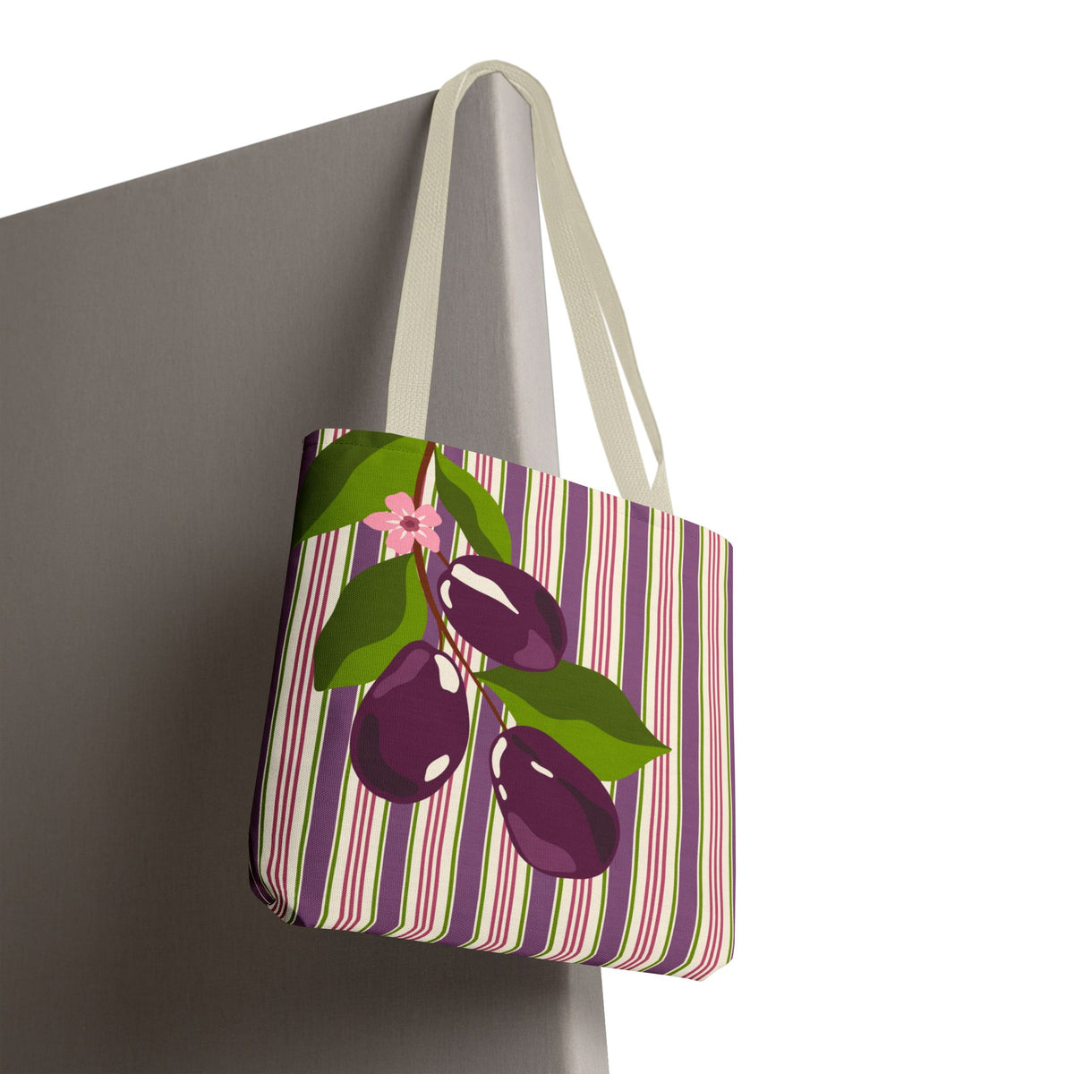 Plum Orchard Striped Tote Bag - Floral Plum Bouquet All-Over Print Tote