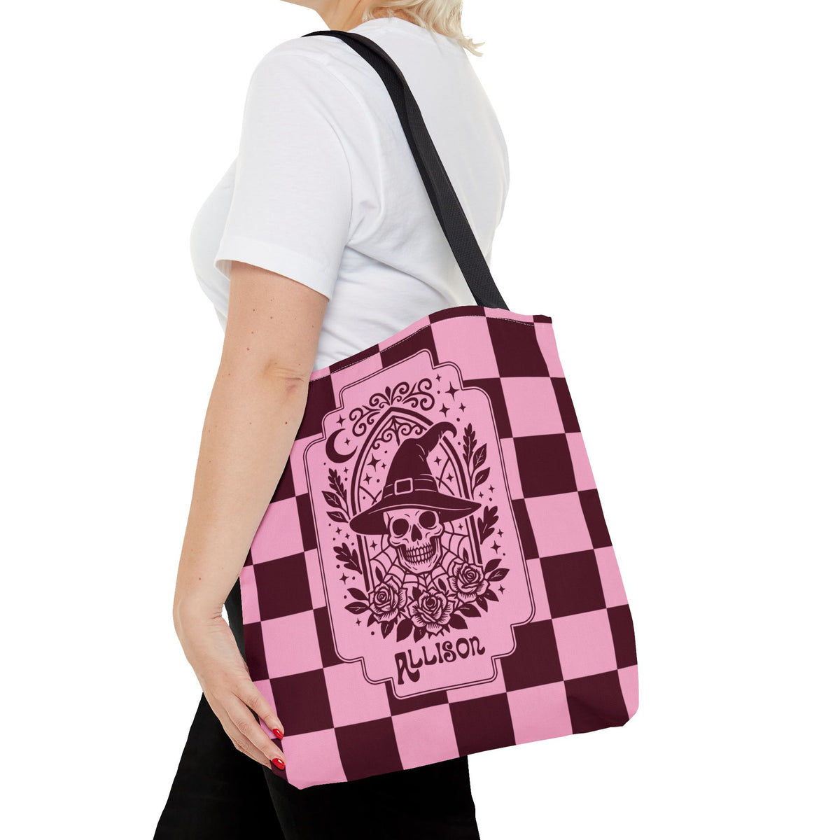 Pink Spooky Checkerboard Carryall - Gothic Witch Skull Personalizable Tote