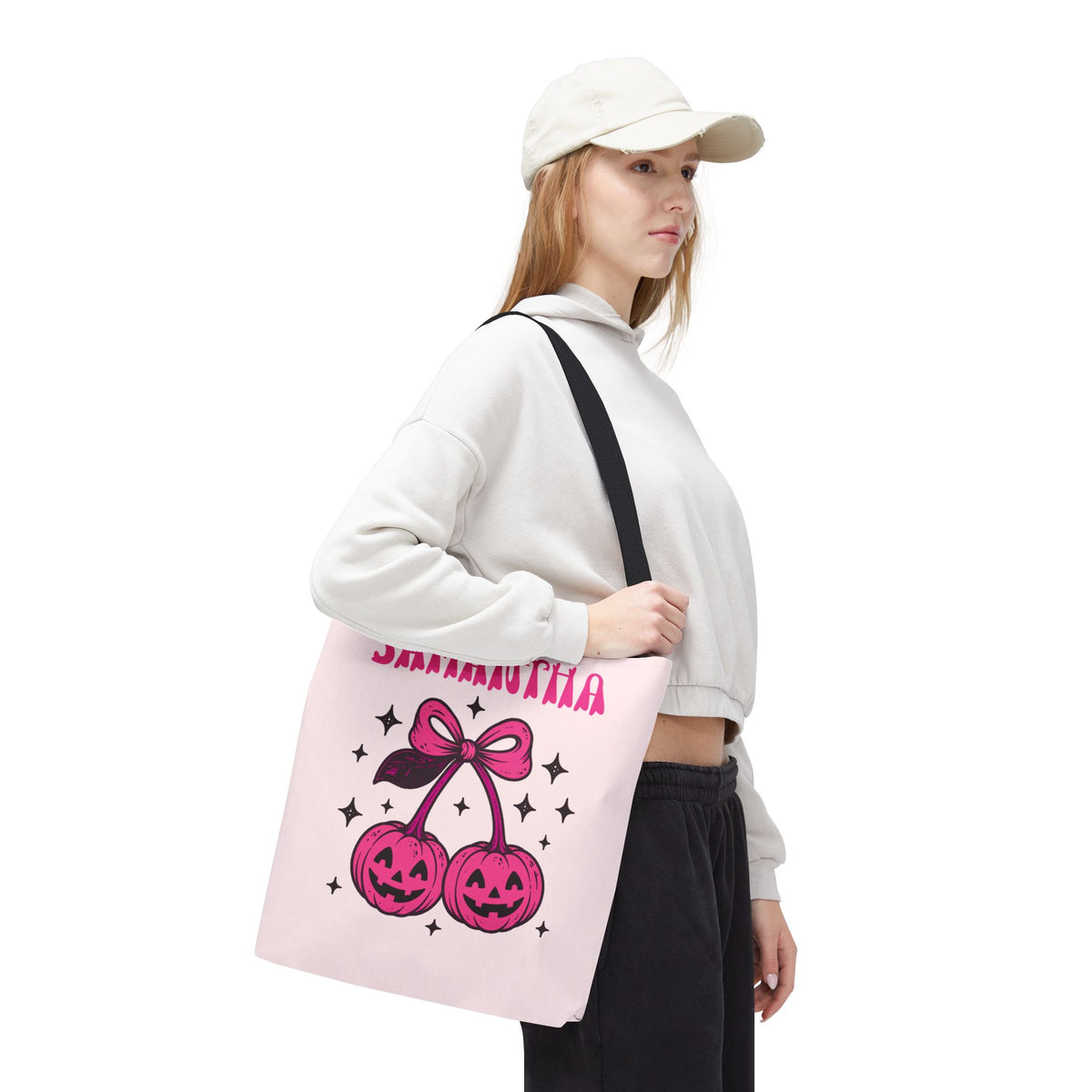 Personalized Halloween Tote - Pink Pumpkin Cherries "So Cute It's Spooky" Trick or Treat Bag