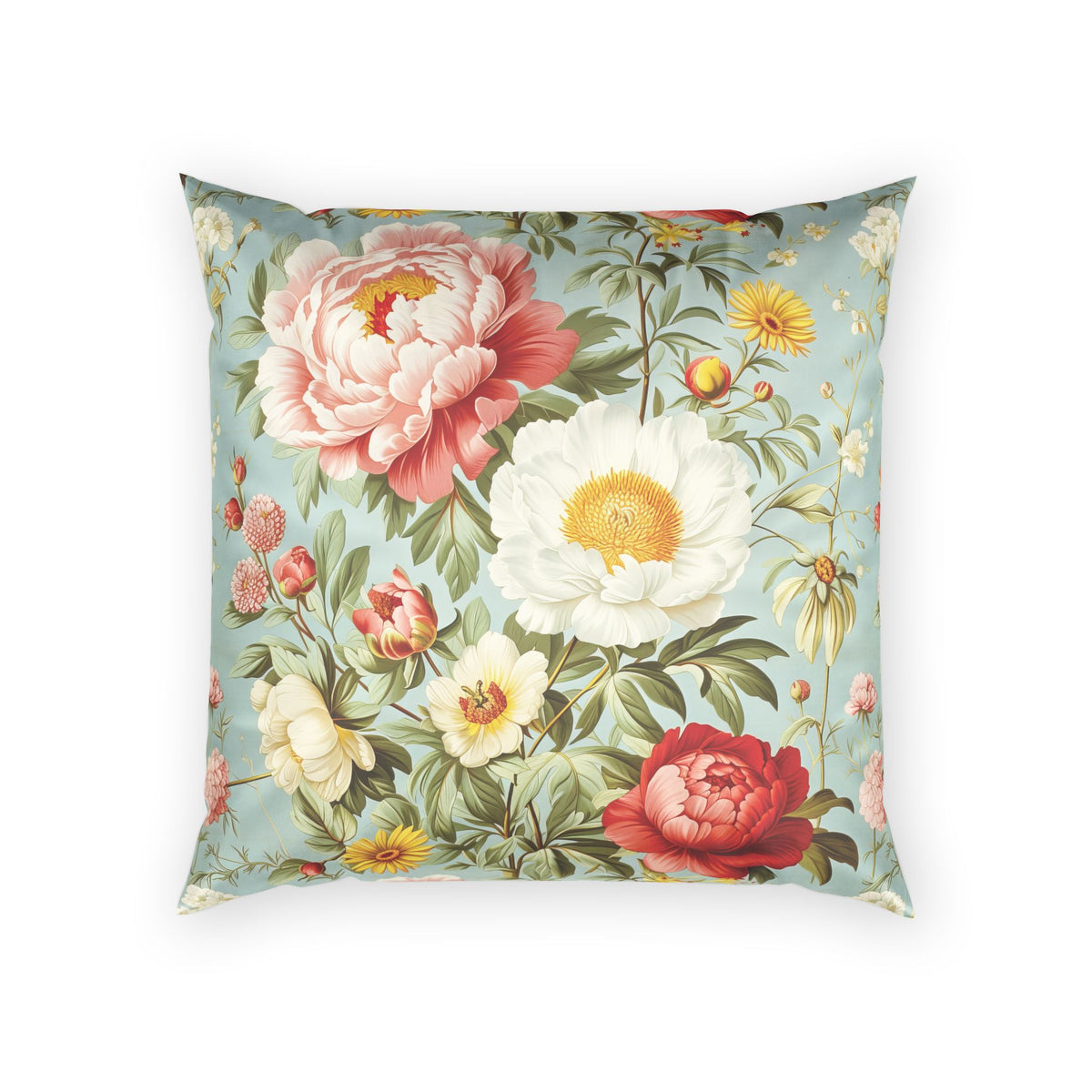 Velvet Floral Throw Pillow - Peonies and Daisies on Mint Vintage Decorative Pillow