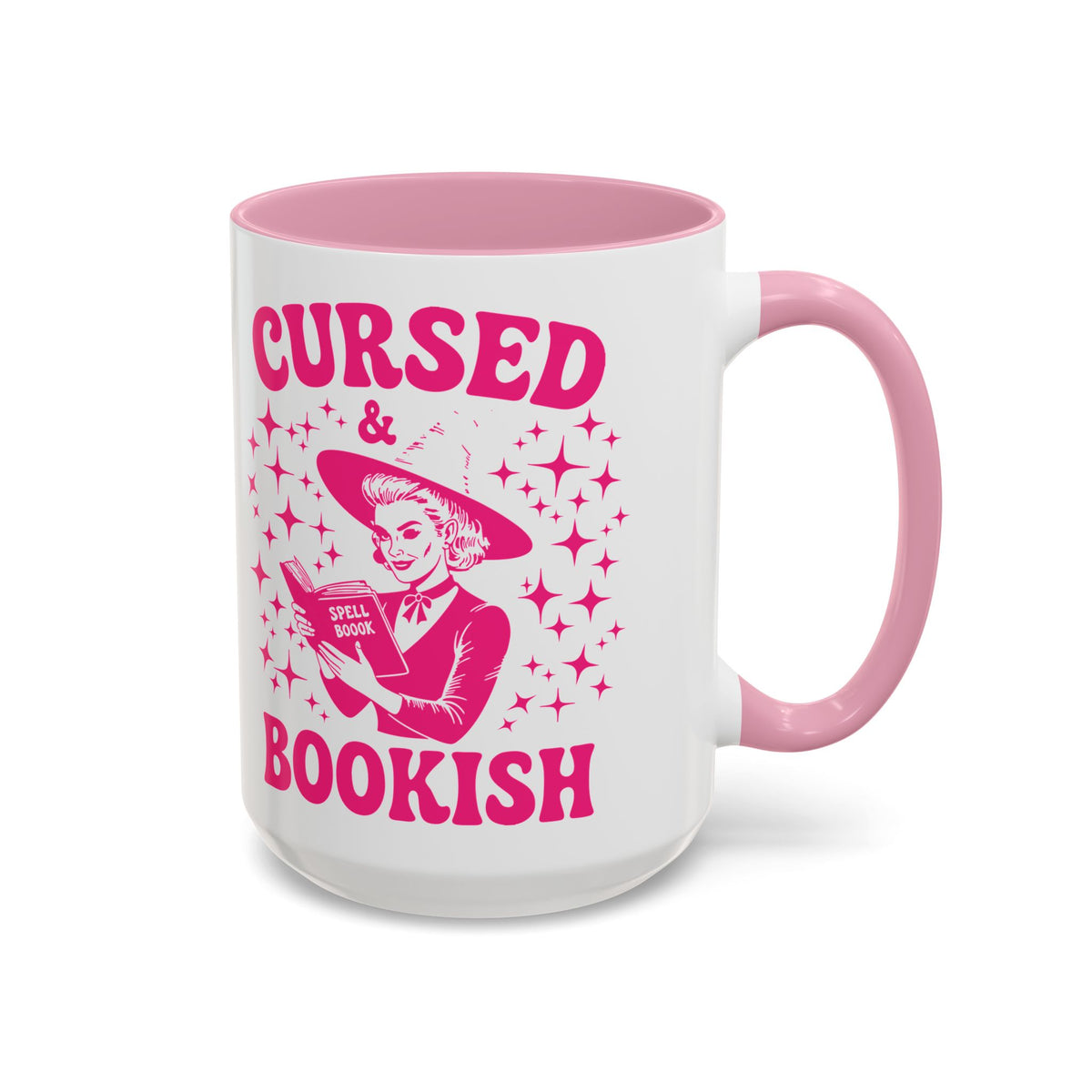 Cursed and Bookish Pink Ceramic Mug — Witchy Book Lover Coffee Cup (11oz, 15oz)