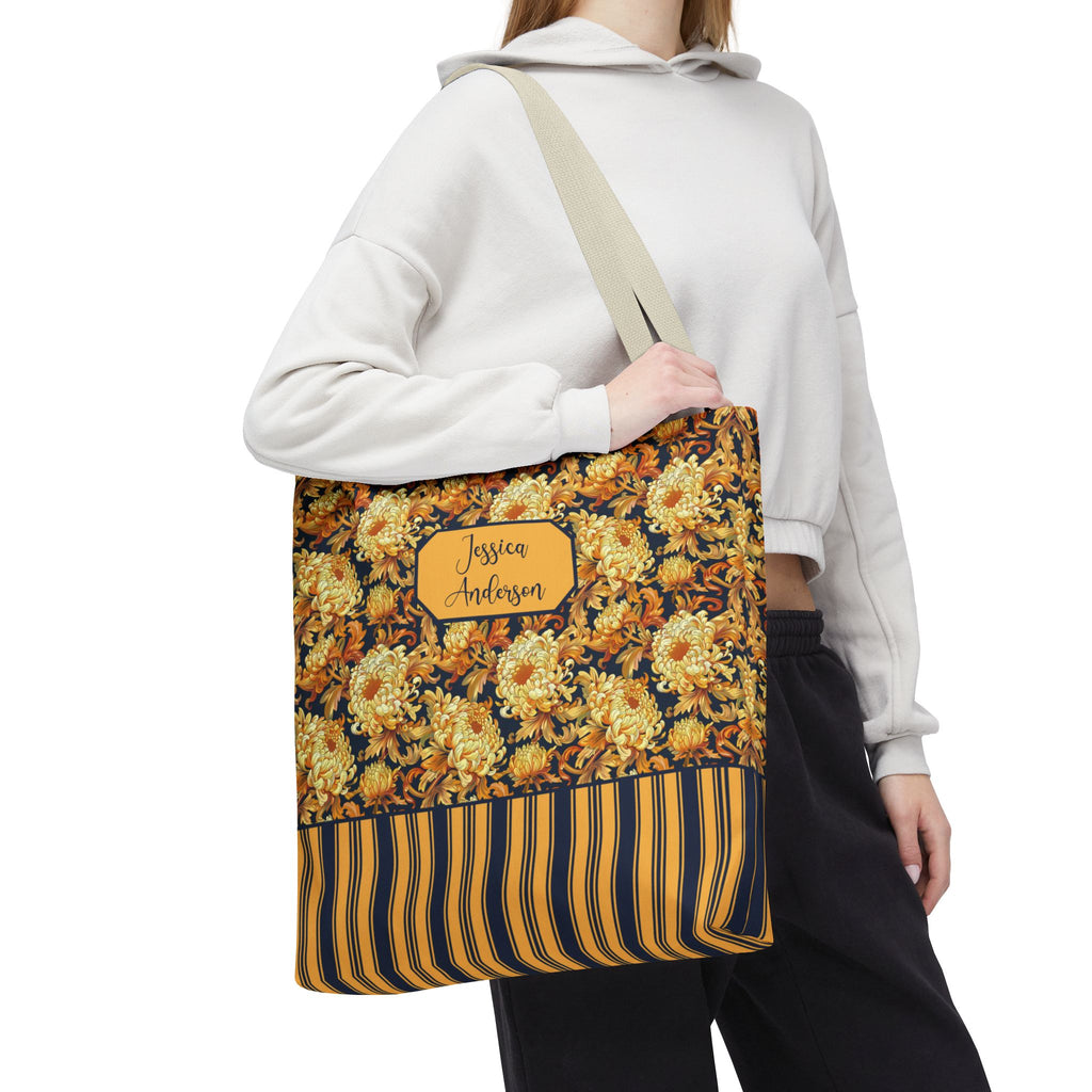 Personalizable Floral Harvest Tote Bag — Vintage Chrysanthemum Striped Tote