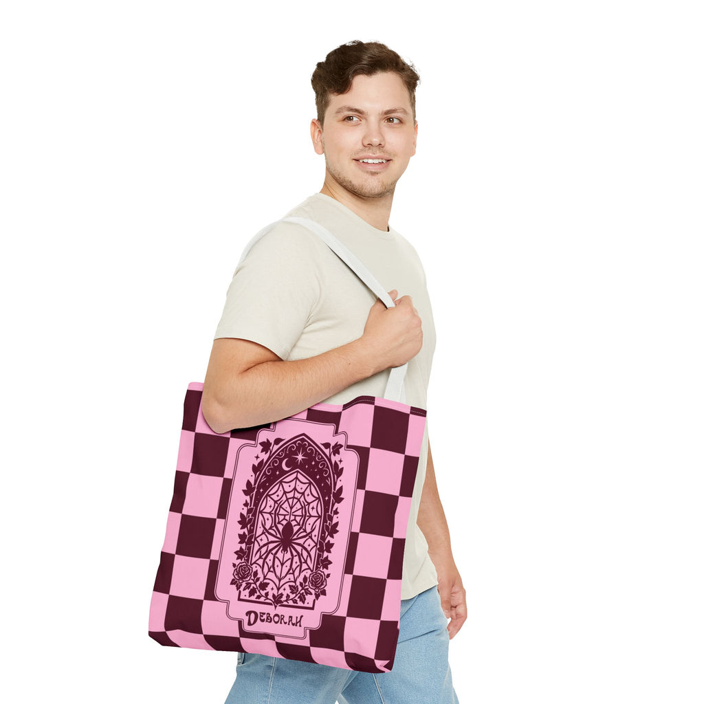Personalizable Pink and Burgundy Retro Goth Tote with Mystic Spider Stained Glass Design
