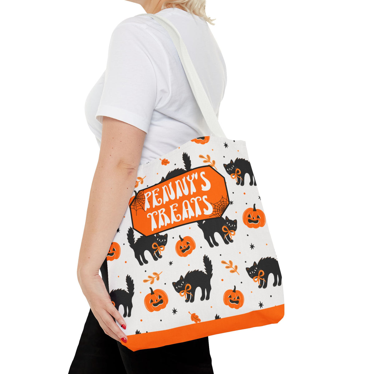Cute Black Cats and Pumpkins Carryall -Personalized Halloween Trick or Treat Tote Bag