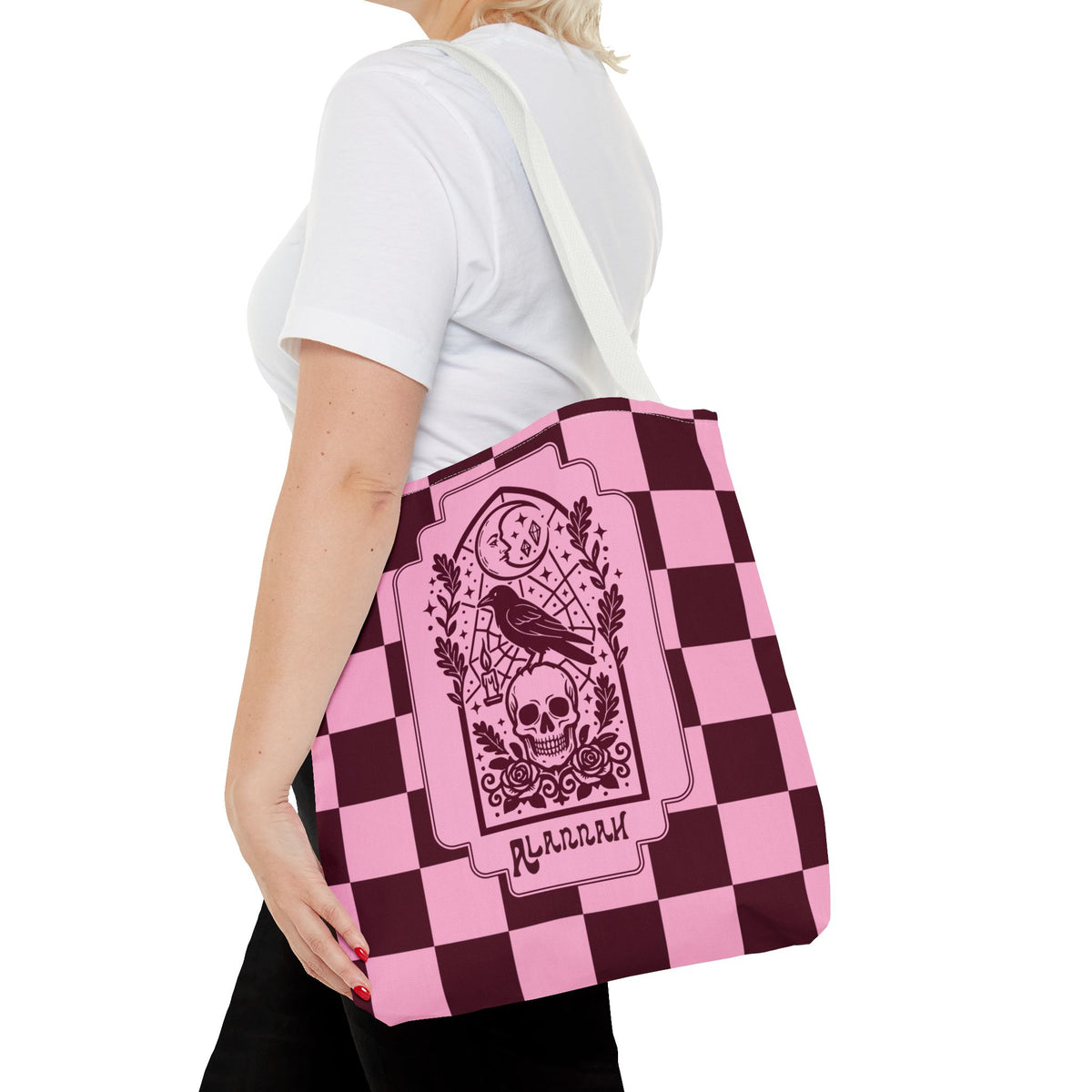 Gothic Raven and Skull Checkerboard Tote Bag - Personalizable Pink Retro Goth Carryall