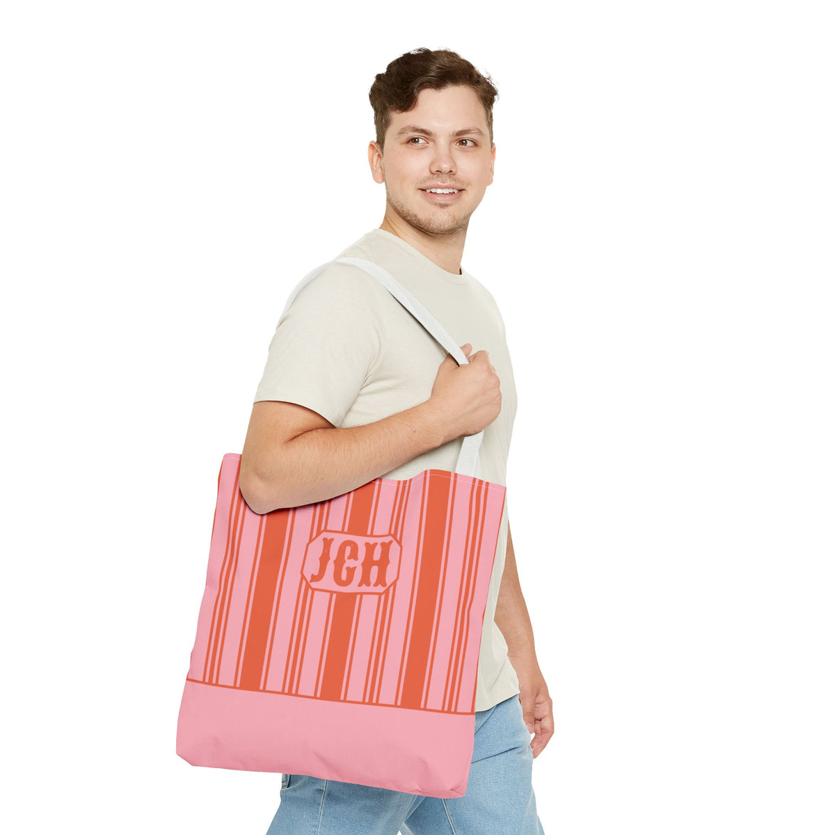 Striped Pink and Orange Tote Bag - Personalizable Bright Beach and Market Tote