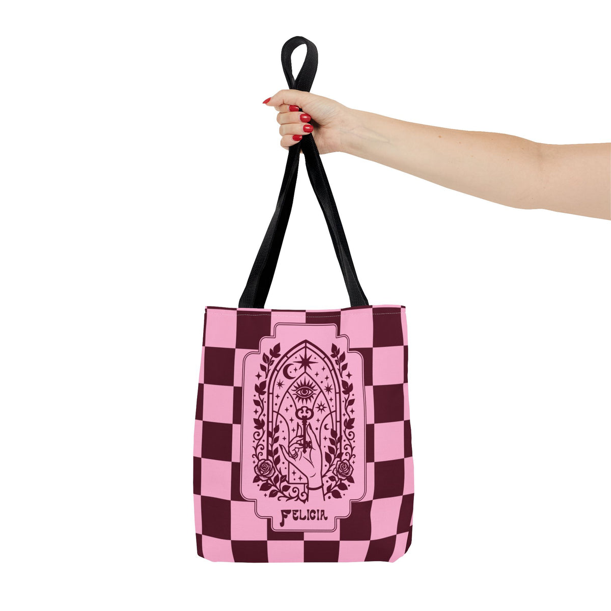 Personalizable Mystic Hand with Key Checkerboard Tote Bag – Pink and Burgundy Retro Goth Carryall