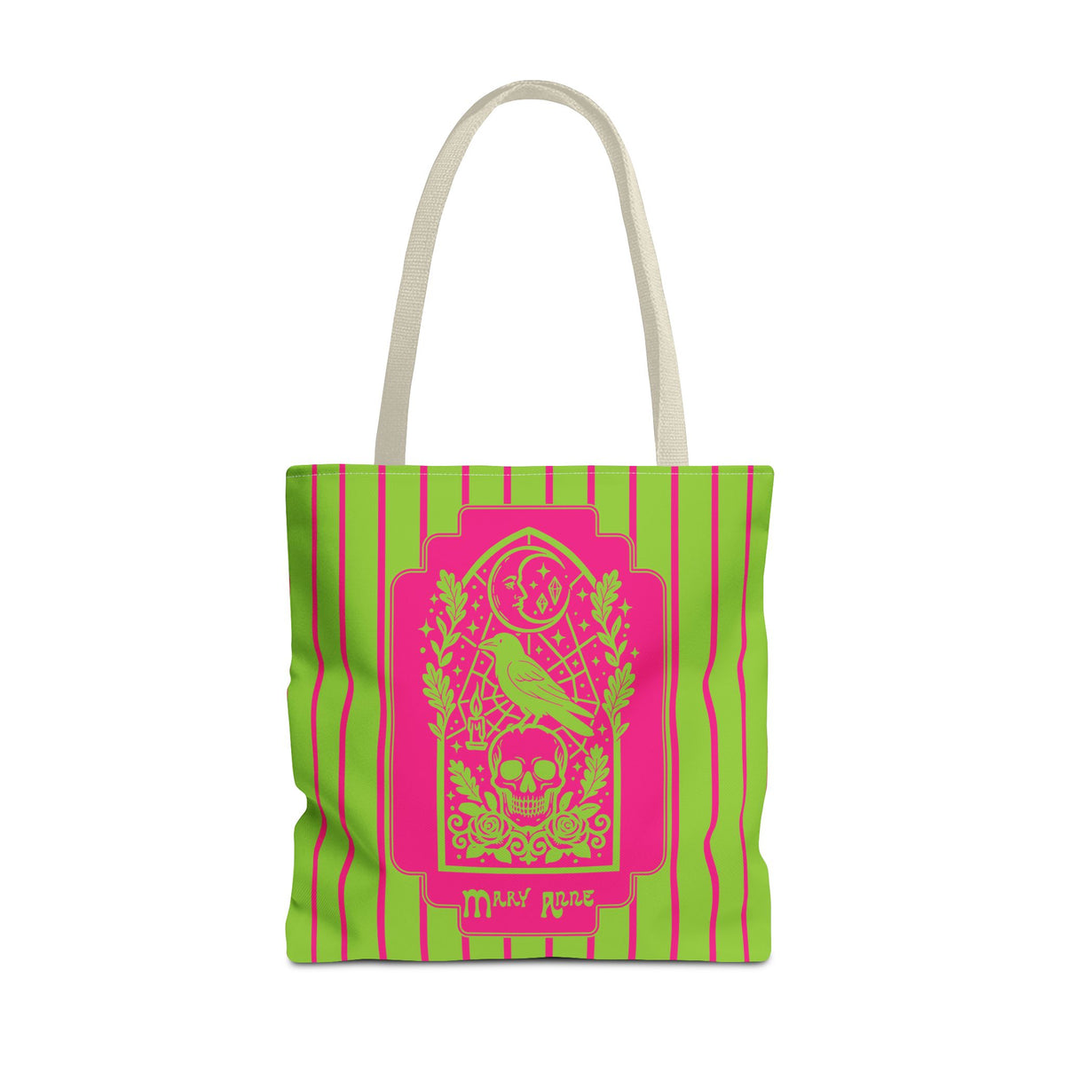 Neon Gothic Raven and Skull Tote Bag - Personalizable Pink and Green Retro Goth Carryall