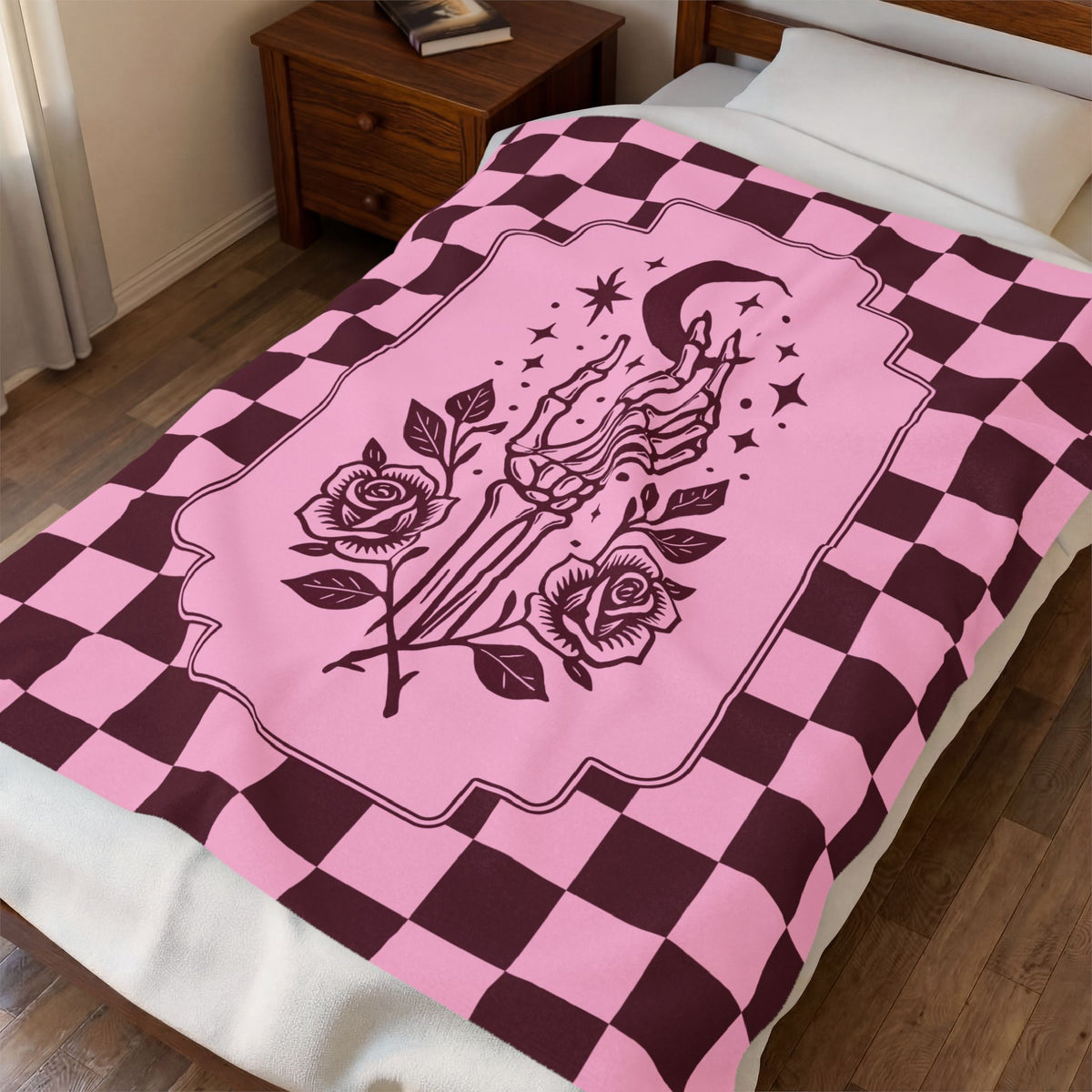 Retro Modern Celestial Skeleton Hand Tableau Velveteen Blanket
