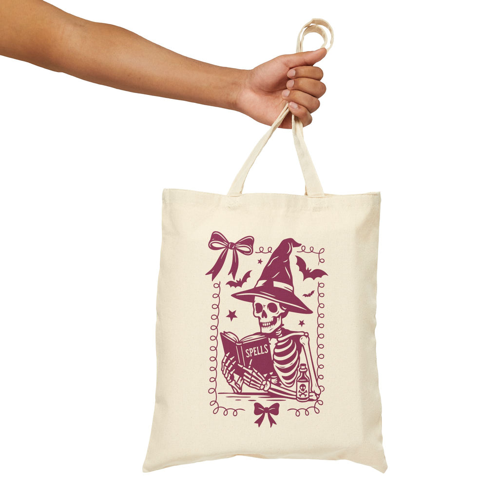 Coquette Reading Witch Skeleton Tote - Cute Goth Canvas Tote