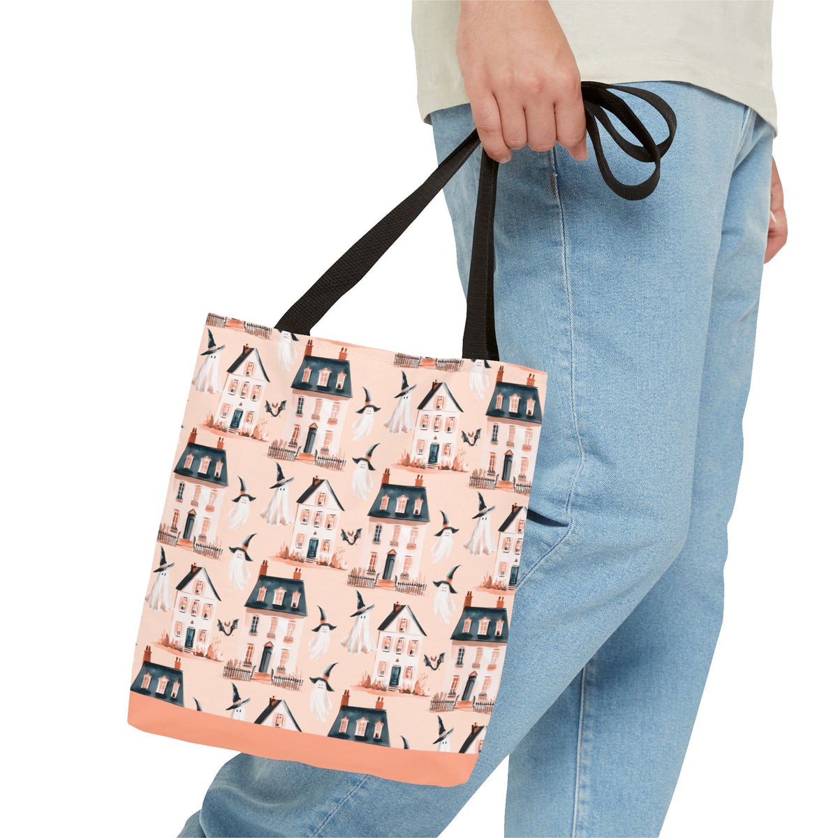 Spooky Cottage Pattern Tote -Haunted Village Ghosts and Houses Bag