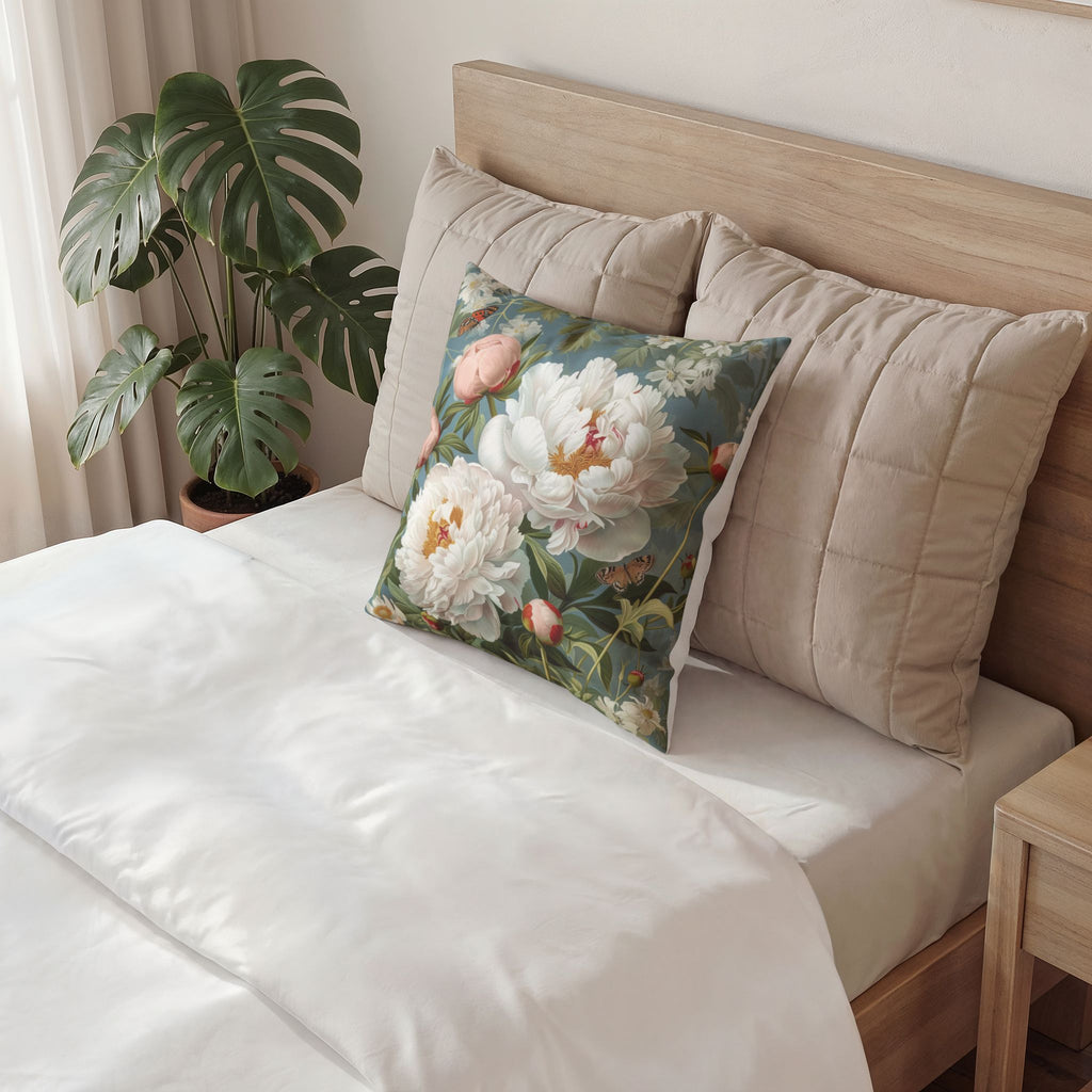 Velvet Throw Pillow - Elegant Peonies and Butterflies Decorative Pillow