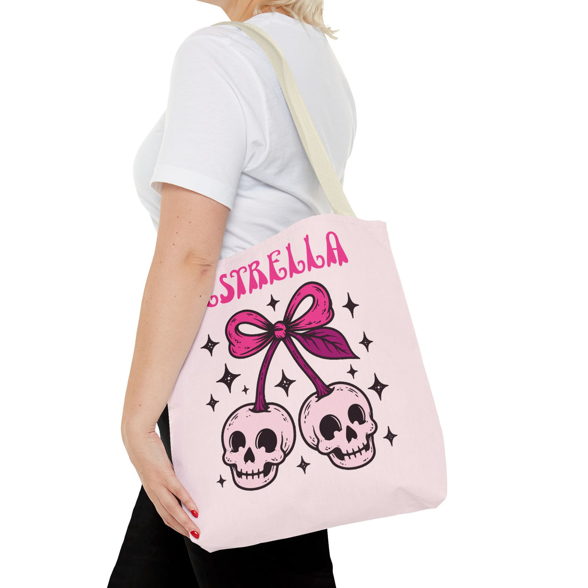 Personalized 'Creepy and Adorable' Pink Skull Cherries Tote Bag - Custom Trick-or-Treat Keepsake