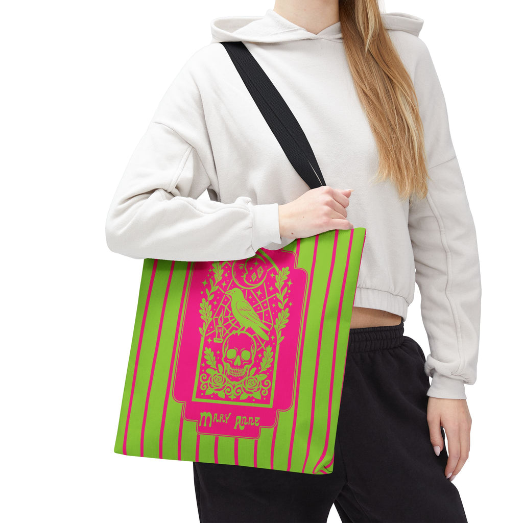 Neon Gothic Raven and Skull Tote Bag - Personalizable Pink and Green Retro Goth Carryall