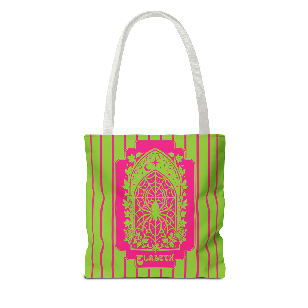 Personalized Green and Pink Retro Goth Tote with Mystic Spider Stained Glass Design