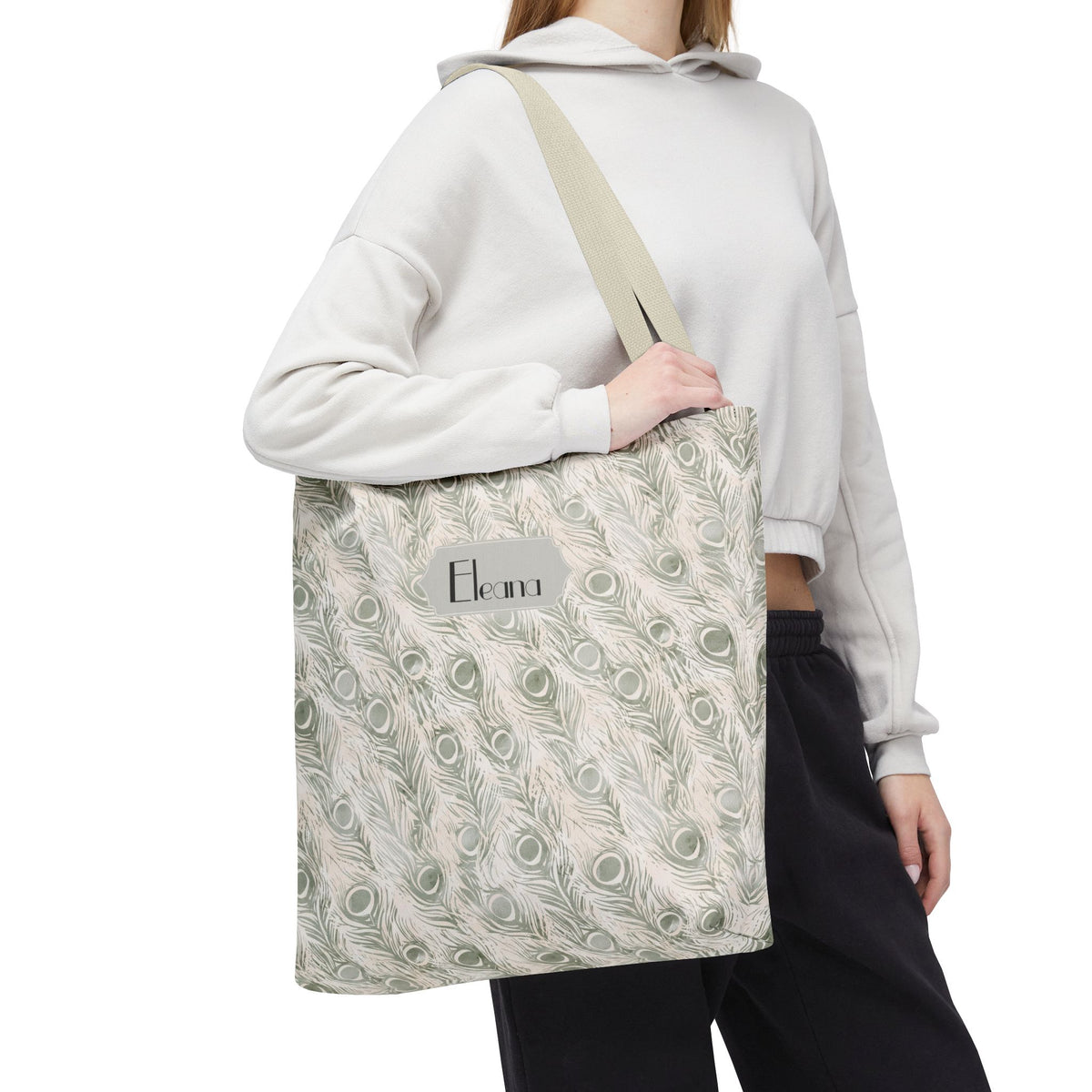 Personalizable Tote - Elegant Grey Peacock Feather Pattern Bag