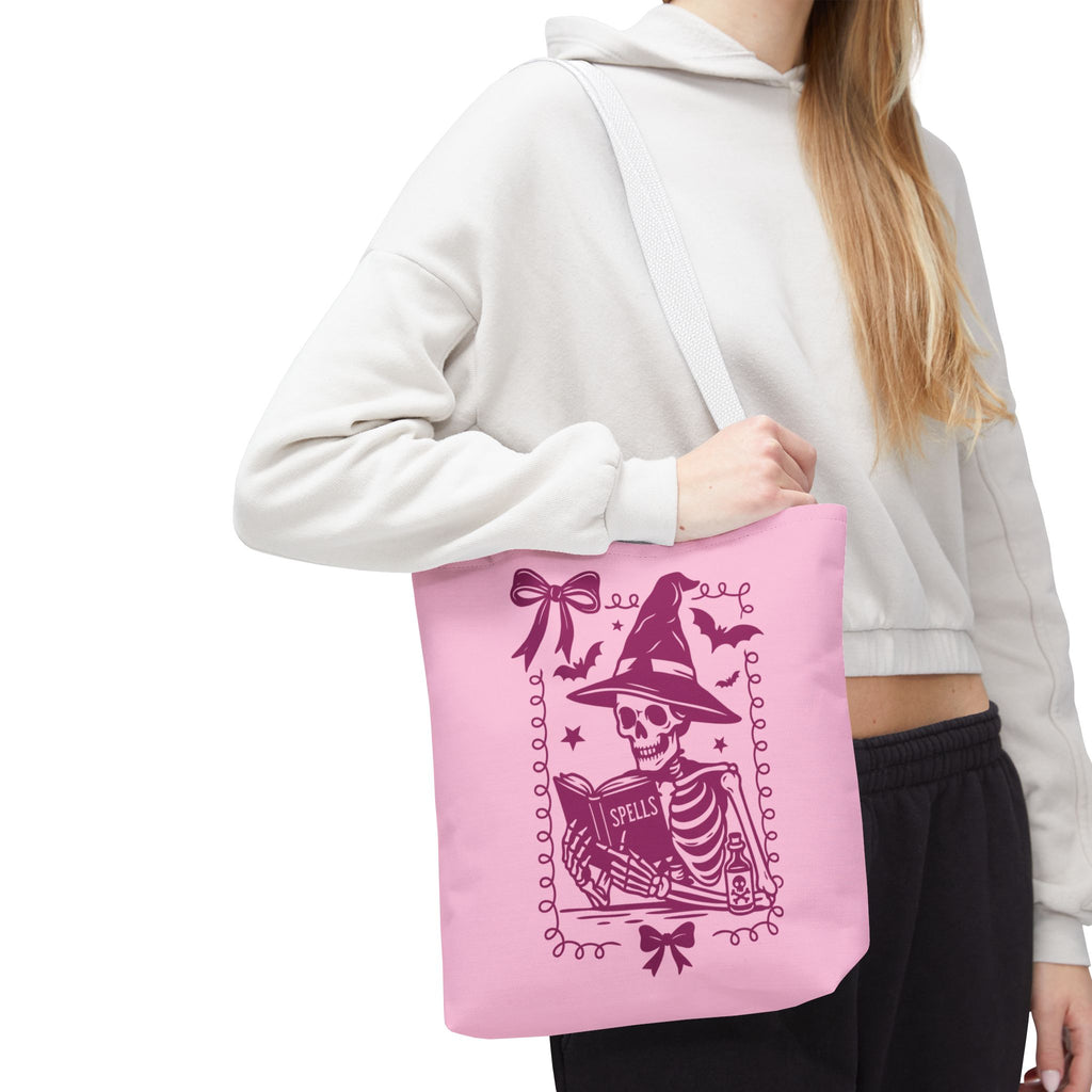 Pink Reading Witch Skeleton Tote Bag — Cute Coquette Frame Halloween Tote