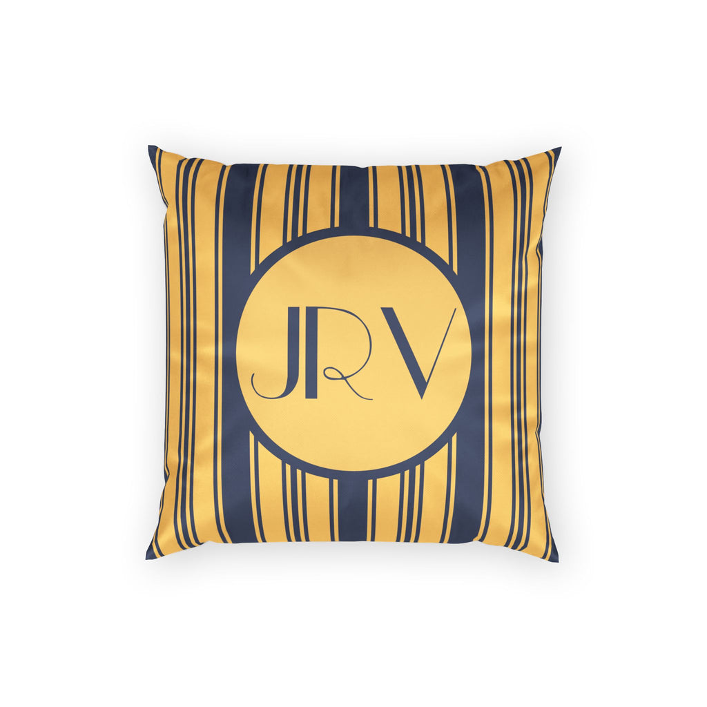 Personalizable Velvet Pillow - Blue and Gold Ticking Stripe Monogram Throw Pillow