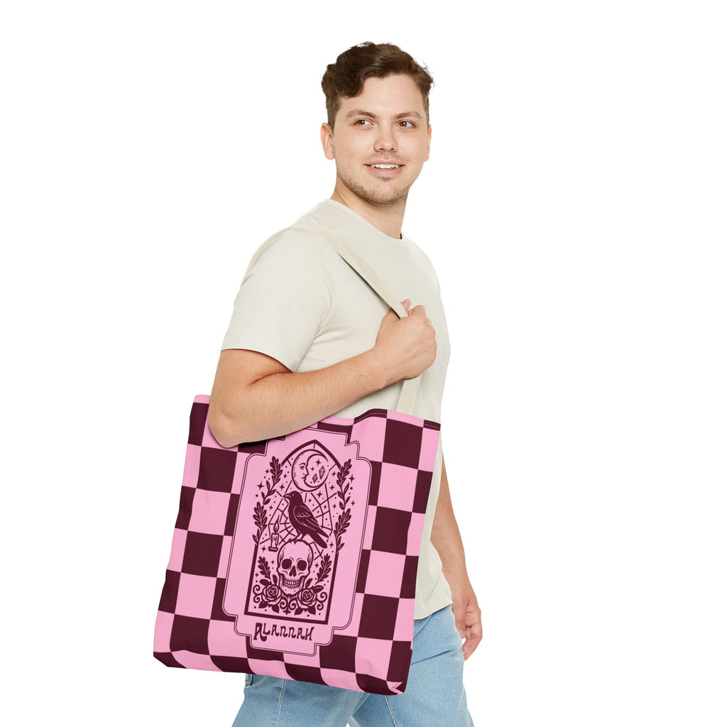 Gothic Raven and Skull Checkerboard Tote Bag - Personalizable Pink Retro Goth Carryall