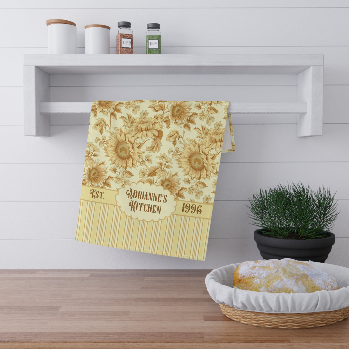 Personalized Sunflower Tea Towel - Striped Vintage Floral Name and Date Kitchen Towel