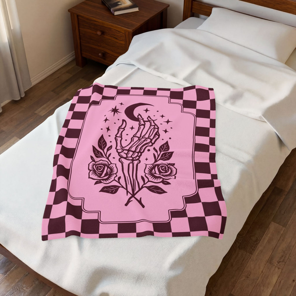 Retro Modern Celestial Skeleton Hand Tableau Velveteen Blanket