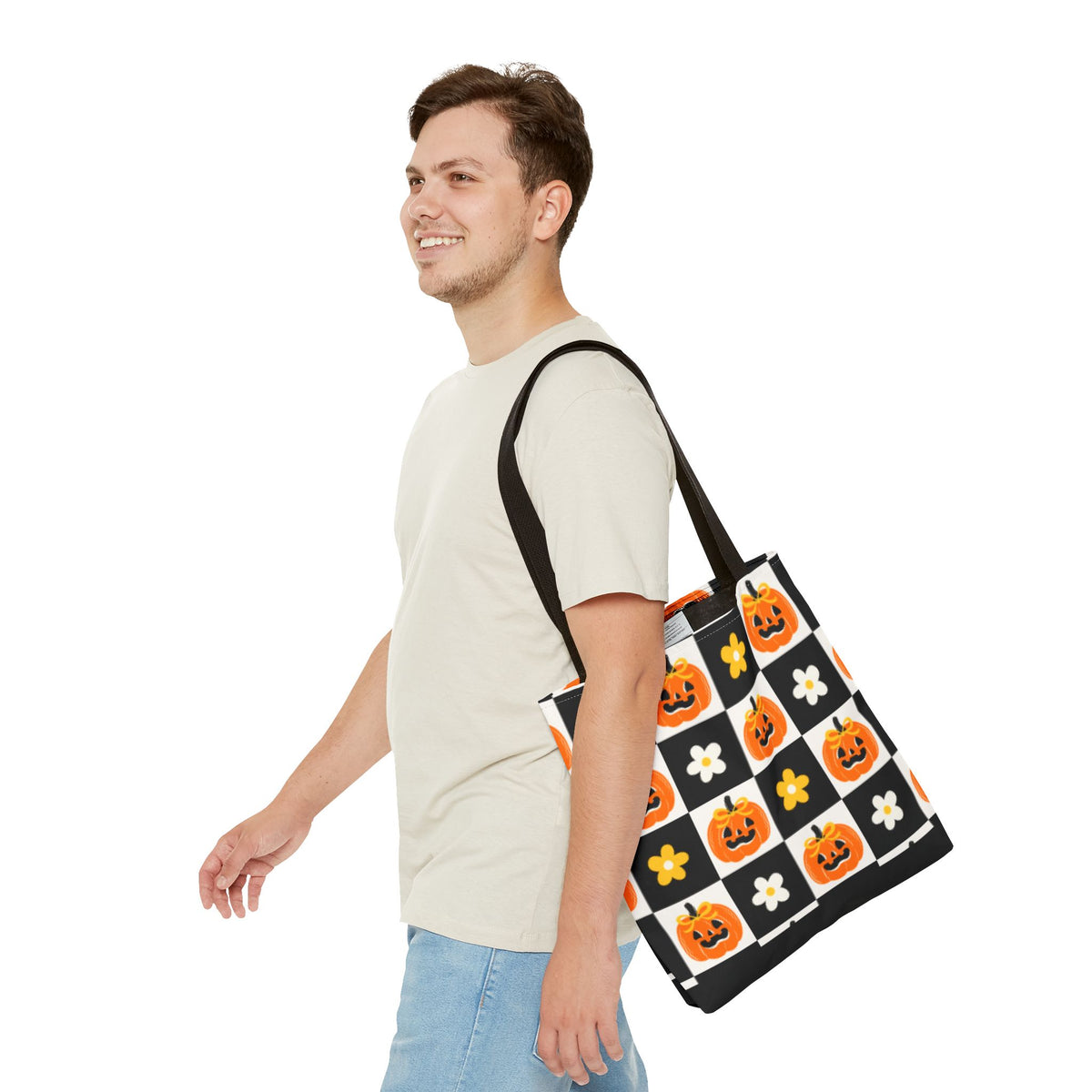 Coquette Pumpkin and Daisy Checkerboard Tote Bag - Cute Jack O Lantern Carryall