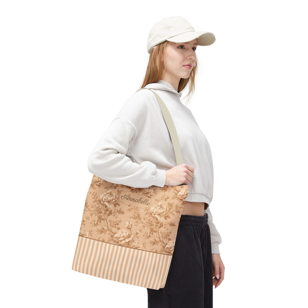 Personalizable Vintage Floral Tote - Sepia Toile Striped Bag