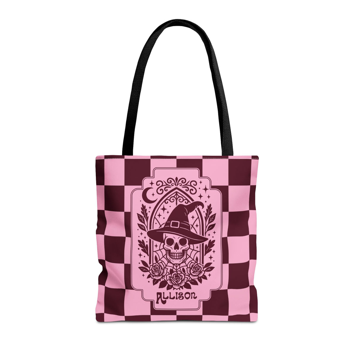 Pink Spooky Checkerboard Carryall - Gothic Witch Skull Personalizable Tote