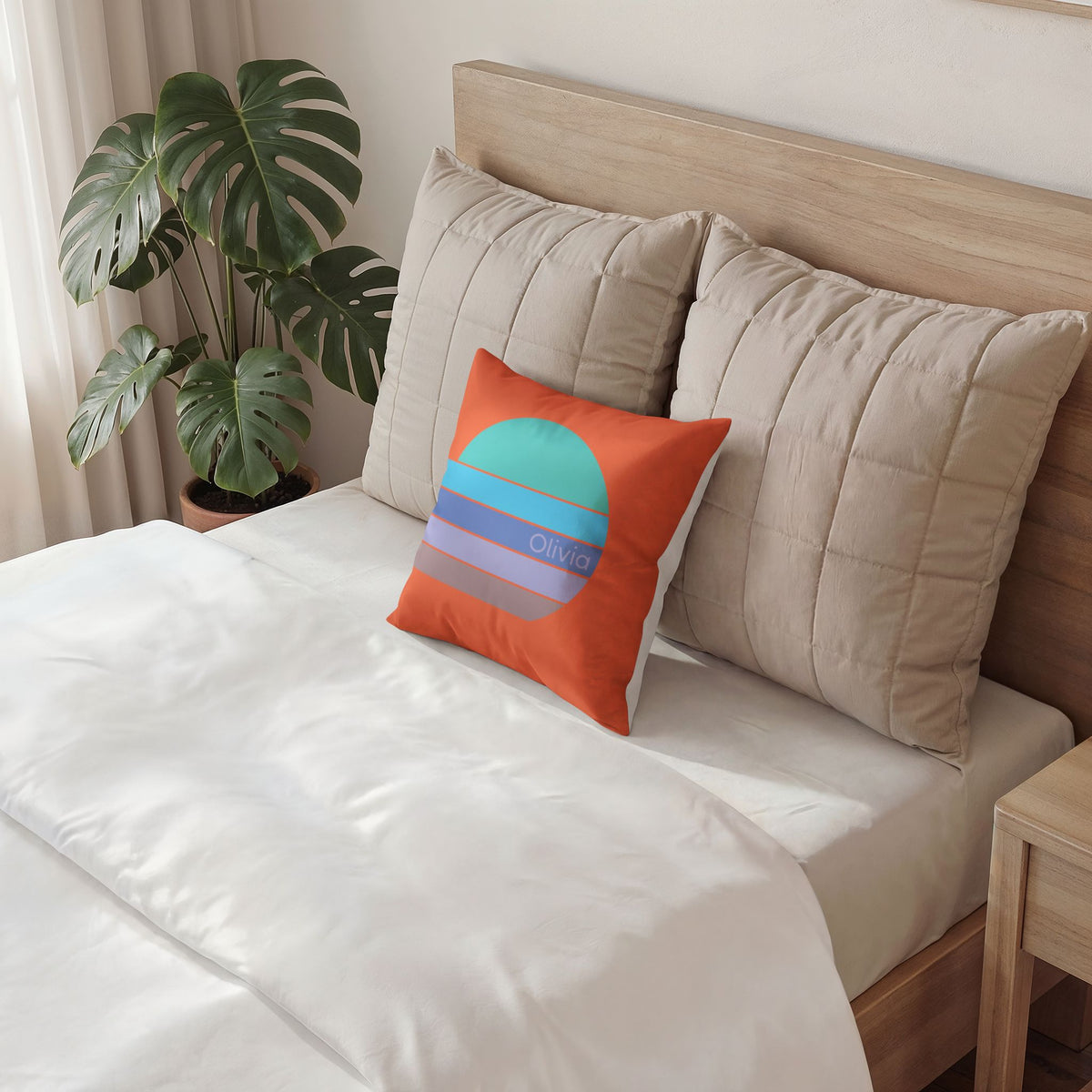 Retro Minimalist Orange Throw Pillow - Blue and Purple Sunrise on Vermilion Velvet Pillow