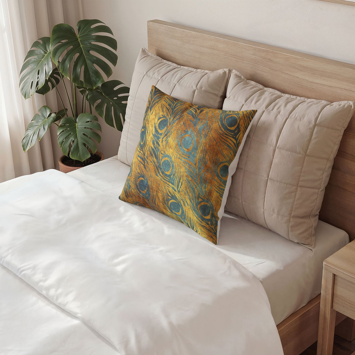 Peacock Feather Velvet Pillow - Luxe Gold and Teal Decorative Pillow