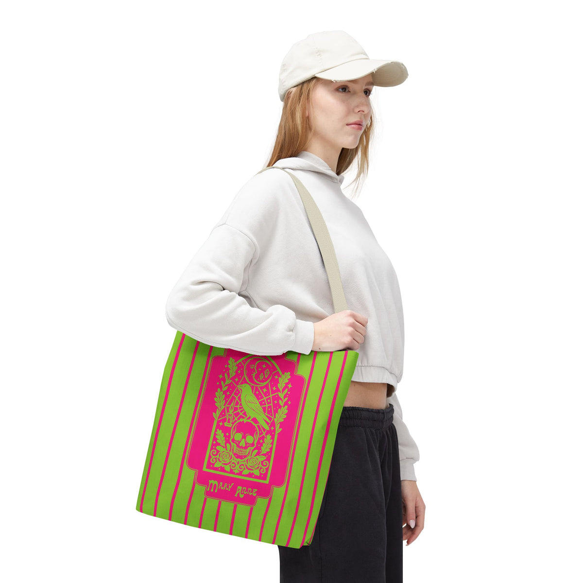 Neon Gothic Raven and Skull Tote Bag - Personalizable Pink and Green Retro Goth Carryall