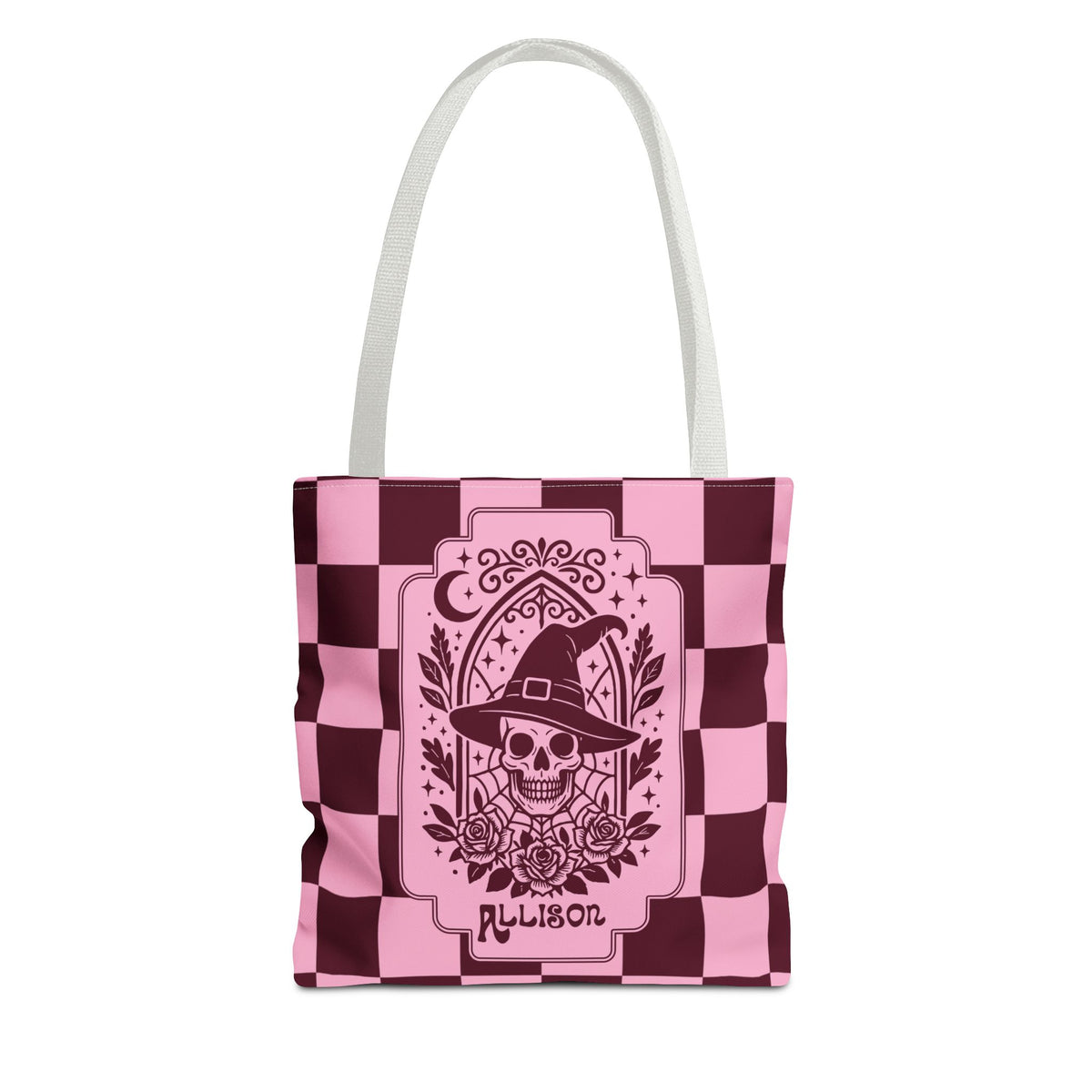 Pink Spooky Checkerboard Carryall - Gothic Witch Skull Personalizable Tote