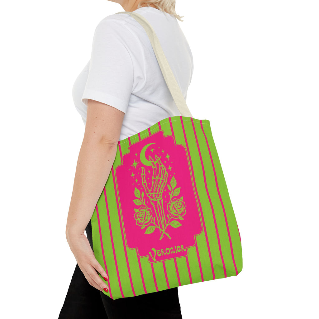 Mystic Skeletal Hand Tote Bag -Personalizable Retro Gothic Neon Moon and Roses Carryall