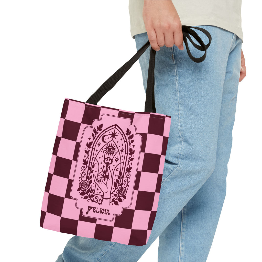 Personalizable Mystic Hand with Key Checkerboard Tote Bag – Pink and Burgundy Retro Goth Carryall