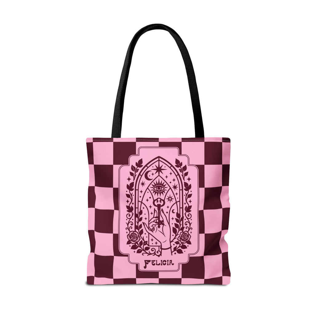 Personalizable Mystic Hand with Key Checkerboard Tote Bag – Pink and Burgundy Retro Goth Carryall