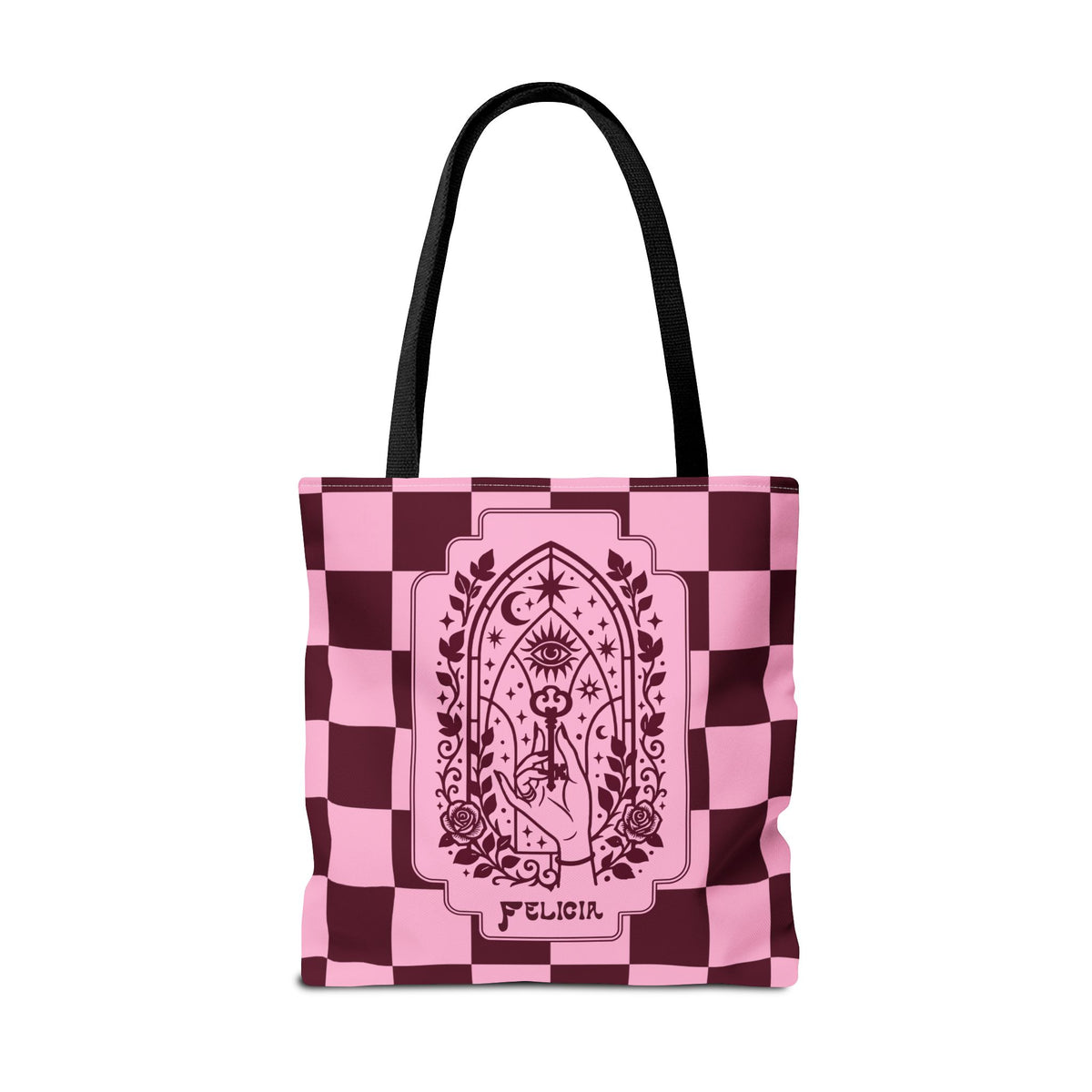 Personalizable Mystic Hand with Key Checkerboard Tote Bag – Pink and Burgundy Retro Goth Carryall