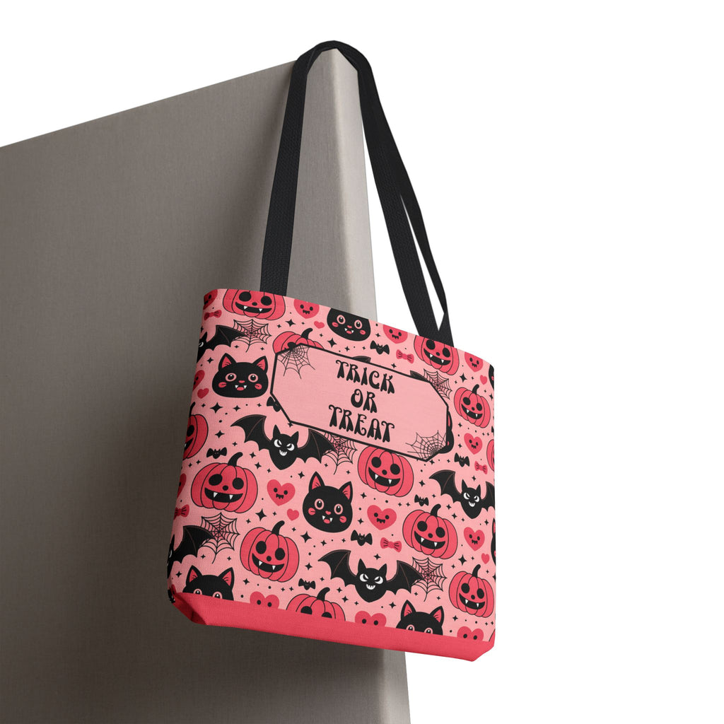 Pink Halloween Trick or Treat Bag  -Personalizable Carryall with Cute Cats, Bats and Jack-O'-Lanterns