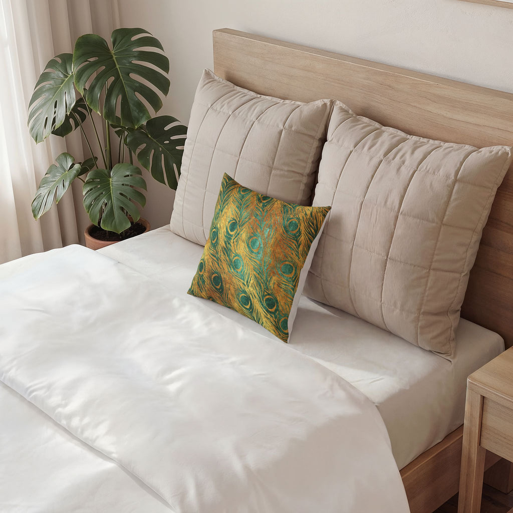 Peacock Feather Throw Pillow- Luxe Velvet Gold and Green Decorative Pillow