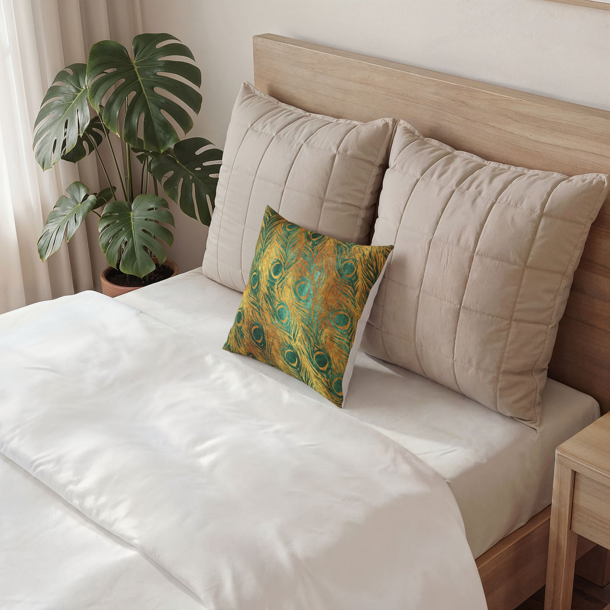 Peacock Feather Throw Pillow- Luxe Velvet Gold and Green Decorative Pillow