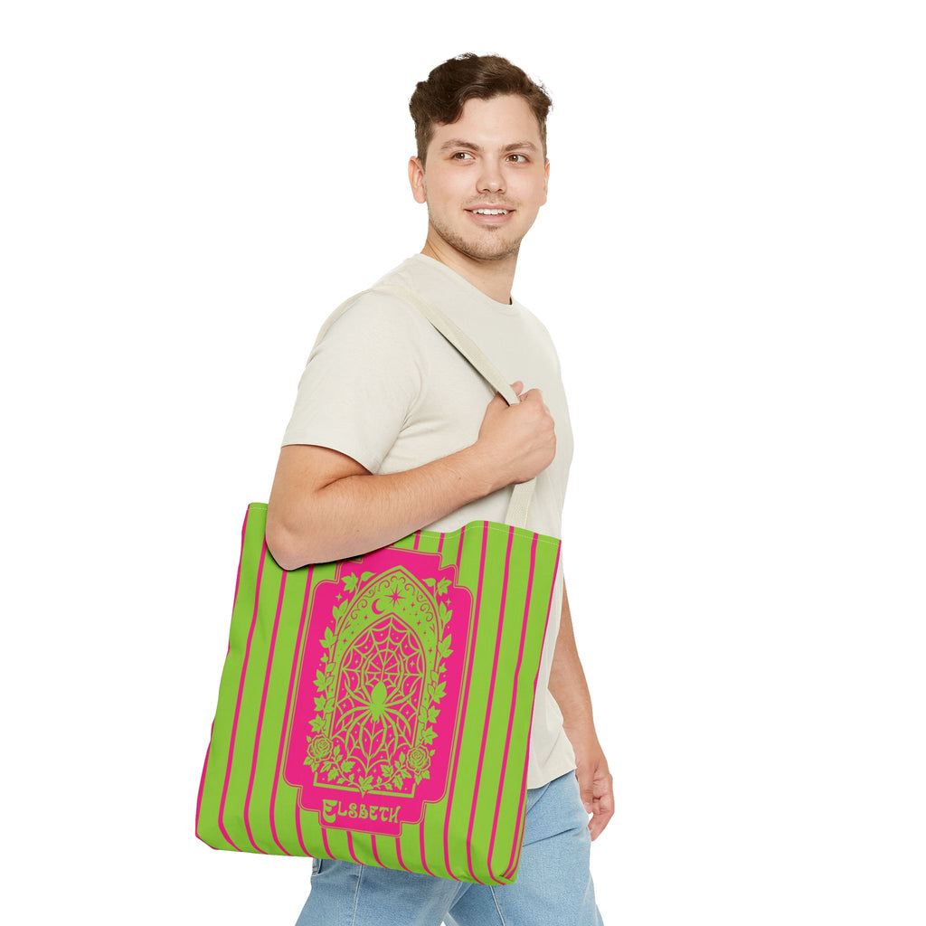 Personalized Green and Pink Retro Goth Tote with Mystic Spider Stained Glass Design