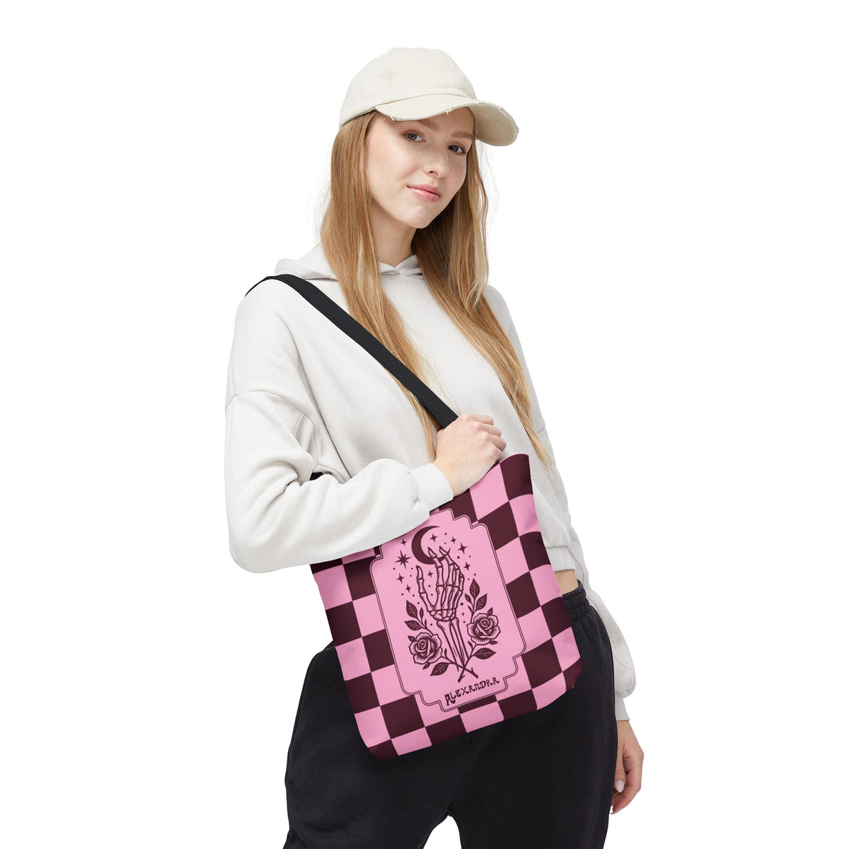 Personalizable Pink Checker Skeletal Hand Tote Bag — Gothic Moon and Roses Carryall