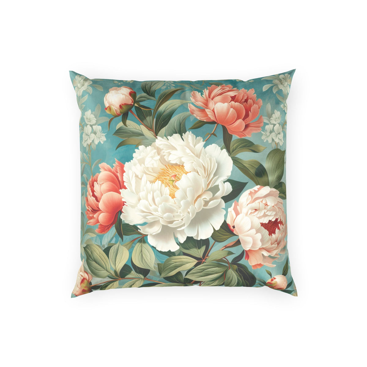 Floral Velvet Throw Pillow - Pink and Cream Peonies on Blue Vintage Decorative Pillow