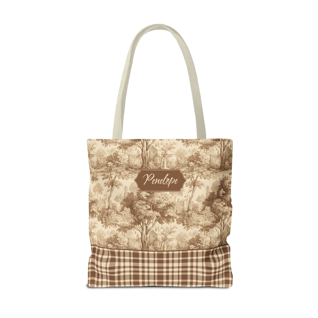 Personalized Market Tote -  Vintage Sepia Toile and Plaid Rustic Country Carryall