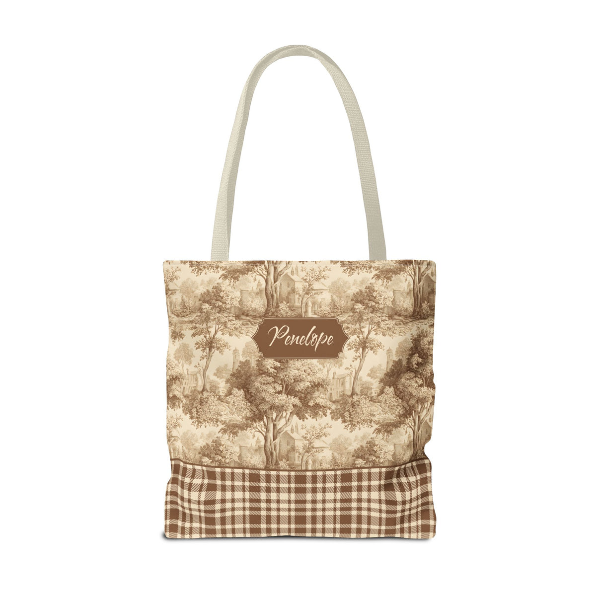 Personalized Market Tote -  Vintage Sepia Toile and Plaid Rustic Country Carryall