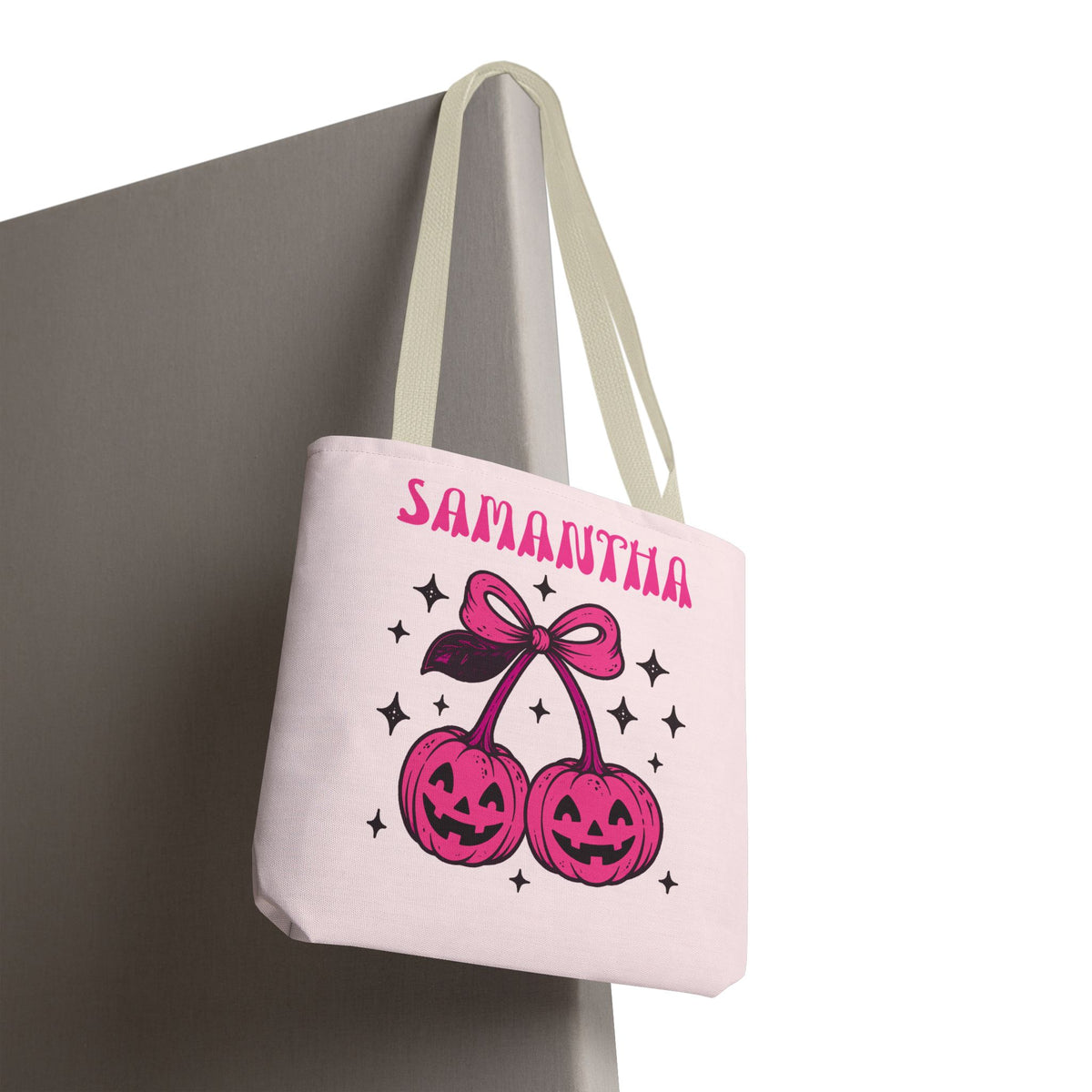 Personalized Halloween Tote - Pink Pumpkin Cherries "So Cute It's Spooky" Trick or Treat Bag