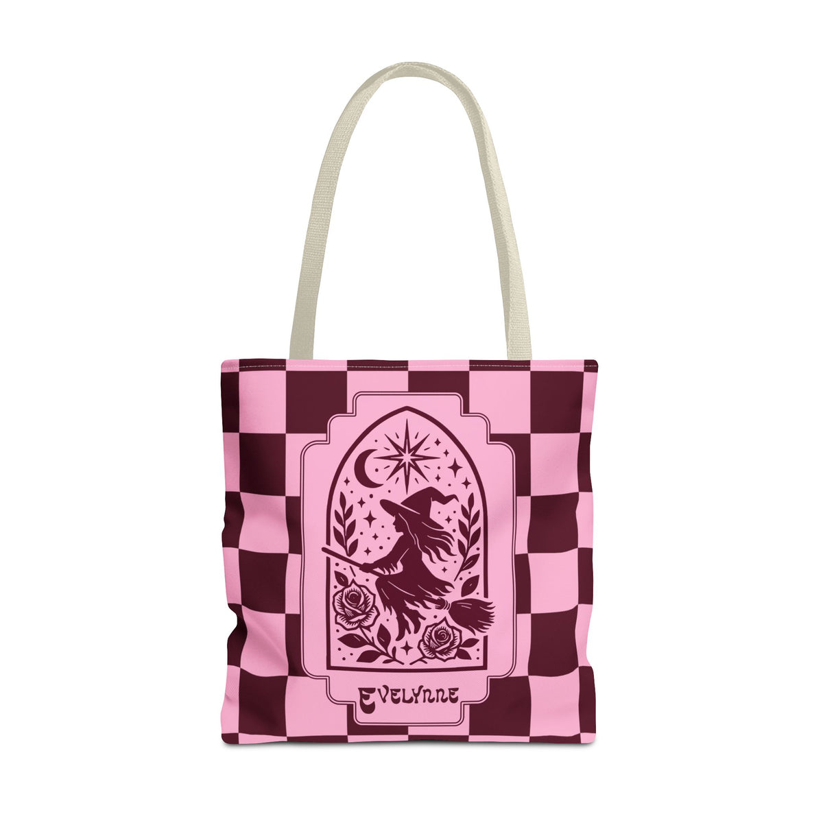 Pink and Burgundy Witch Silhouette Tote Bag - Personalizable Retro Goth Carryall