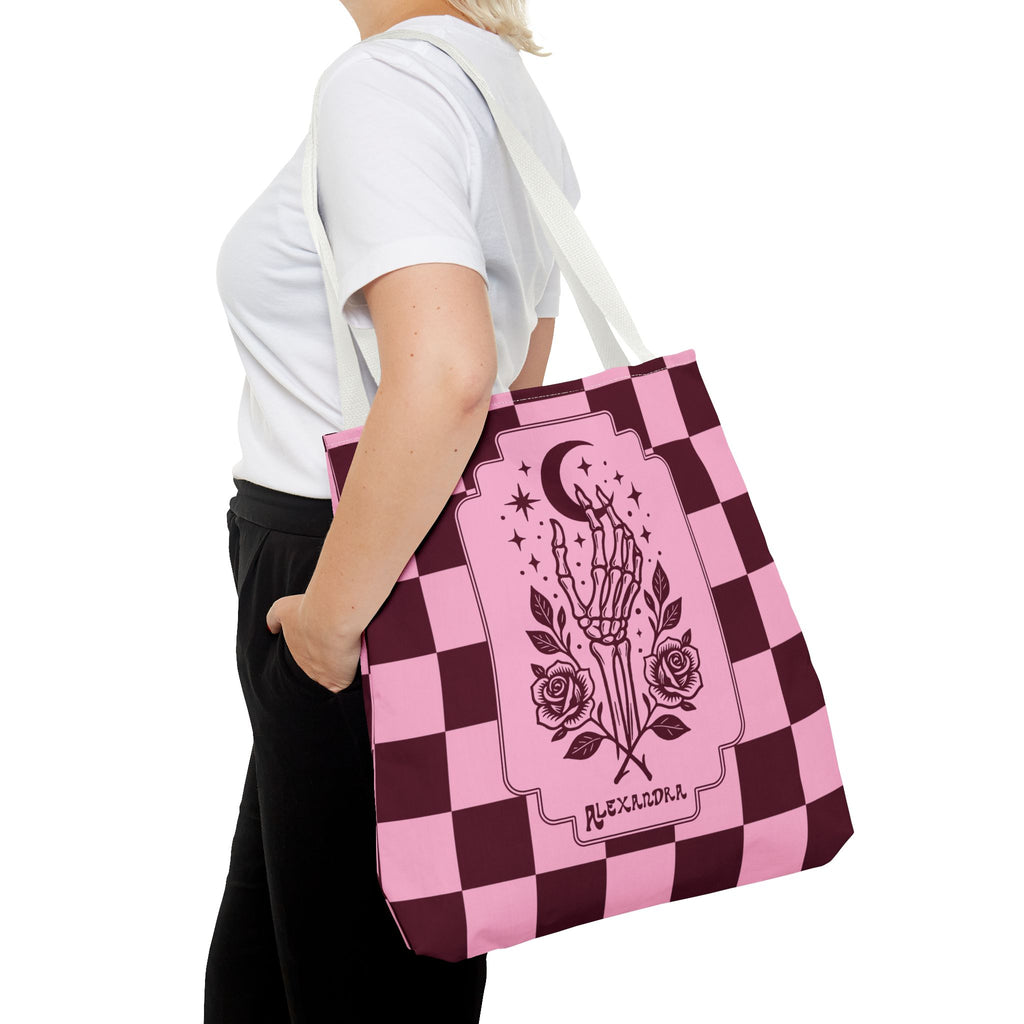 Personalizable Pink Checker Skeletal Hand Tote Bag — Gothic Moon and Roses Carryall
