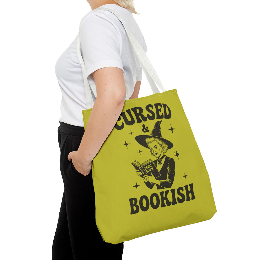 Cursed and Bookish Tote Bag — Green Witchy Reader Tote for Book Lovers