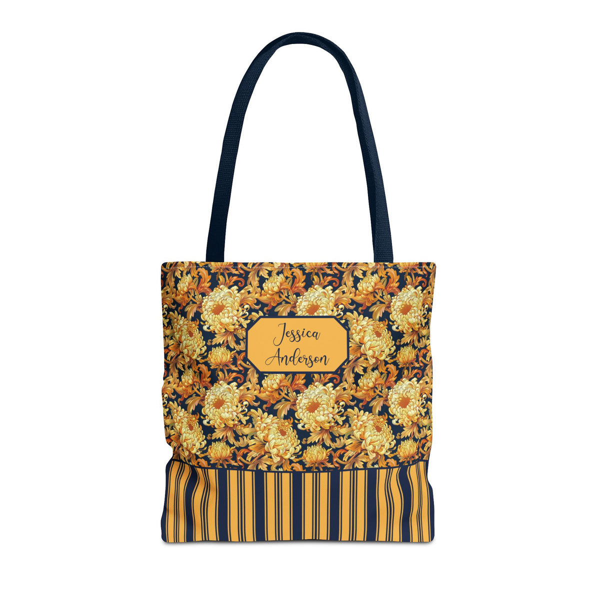 Personalizable Floral Harvest Tote Bag — Vintage Chrysanthemum Striped Tote