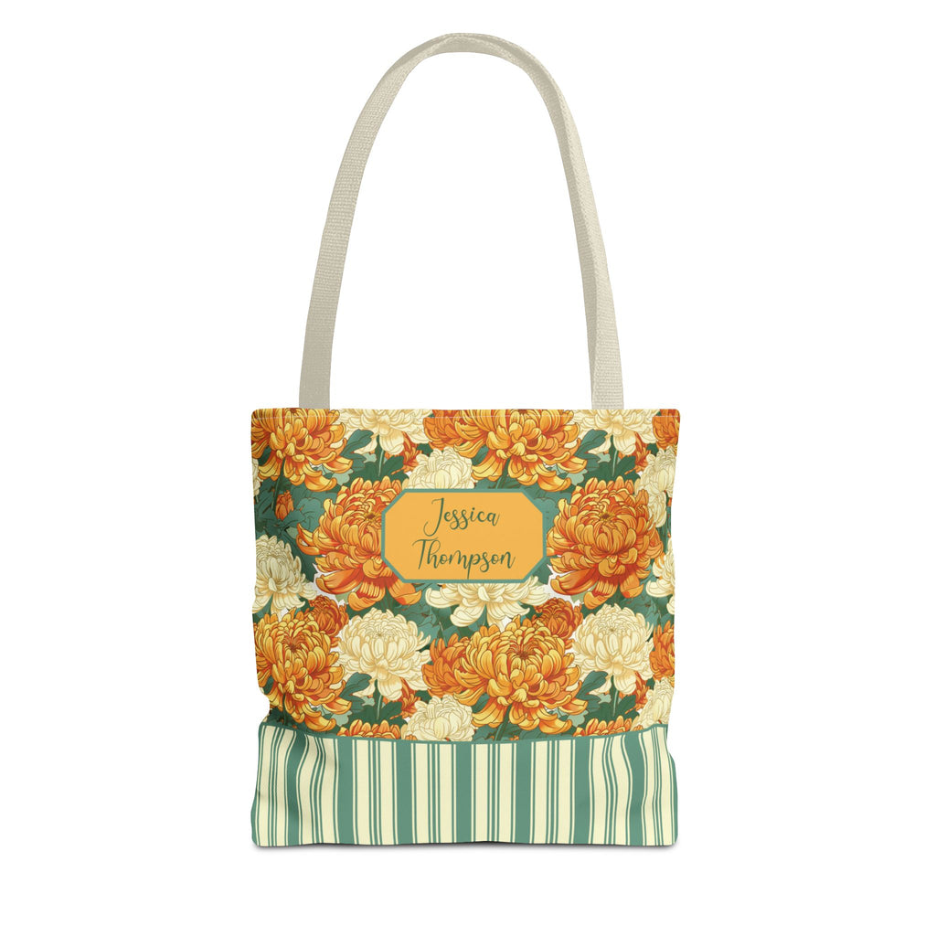 Personalizable Vintage Floral Stripe Tote Bag – Cream and Orange Chrysanthemums Tote